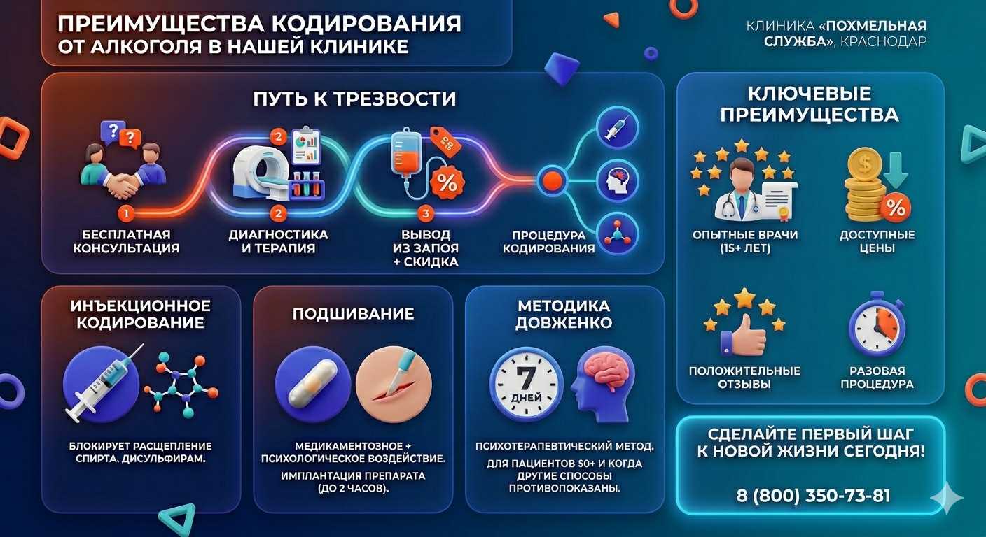 Инфографика о методах кодирования от алкоголя в Карабудахкенте: инъекции, подшивание, метод Довженко. Преимущества клиники и этапы лечения.
